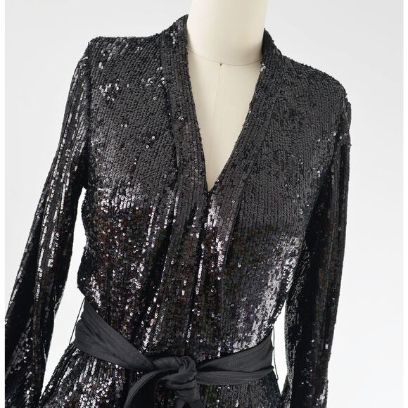 Express Black Sequin Long Sleeve Jumpsuit with Tie Belt and Pockets size S - Picture 7 of 9